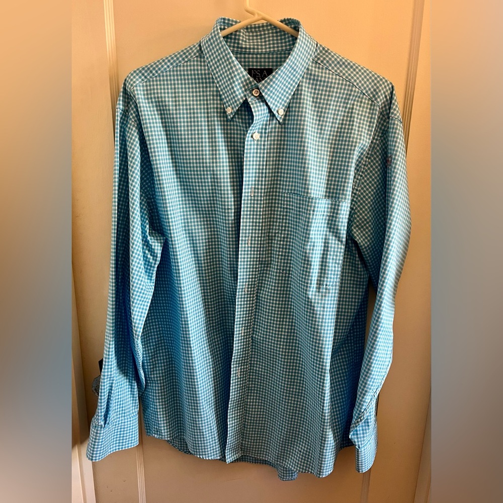 Blue White Gingham Check button down career office shirt. Jos. A. Banks L